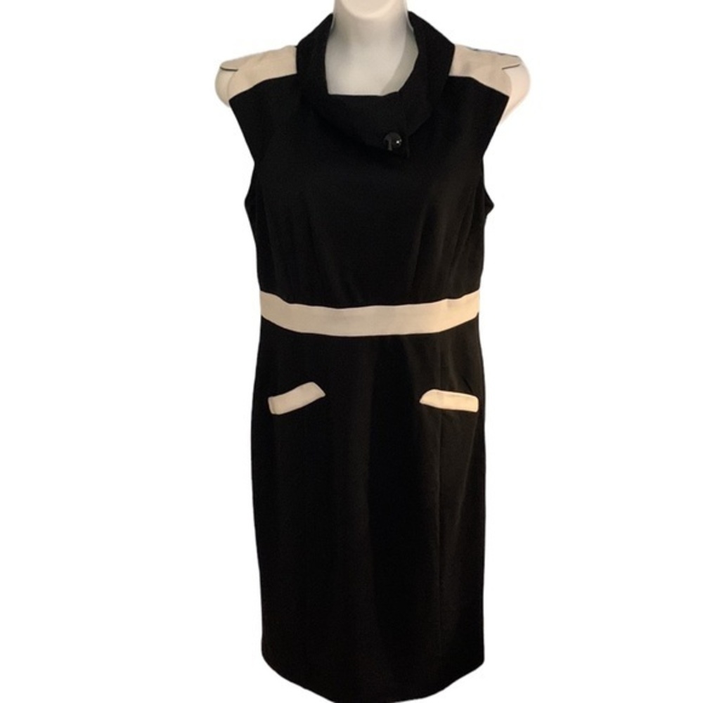 Black Cream Colorblock Sheath Dress Mock Neck minimalist chic 10 sophisticated